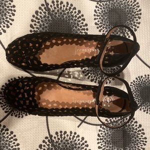 Campbell Black Open Flower Pattern Suede 3” Wedge in size 8